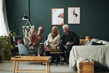 Three senior male and female Caucasian friends sitting together on sofa smiling and taking selfie with smartphone in modern living room, enjoying leisure time and socializing indoors