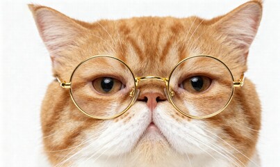 An exotic shorthair cat, resembling Garfield, wearing round glasses on a clean white background.