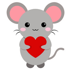 Adorable gray cartoon mouse with large pink ears and rosy cheeks holding a red heart vector on white background.