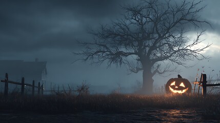 Ein leuchtender Halloween K&uuml;rbis an einer dunkelen Stra&szlig;e mit Baum.
