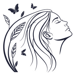Elegant woman profile with flowing hair butterflies and leaves line art