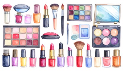 Watercolor Illustration of Various Cosmetic Items