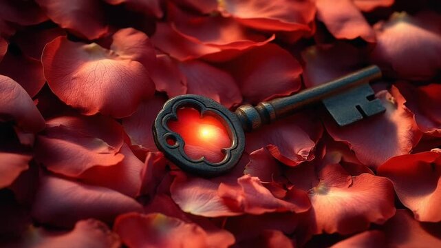 Antique key resting on vibrant rose petals