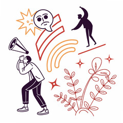 Man with megaphone and sad face icon with abstract shapes