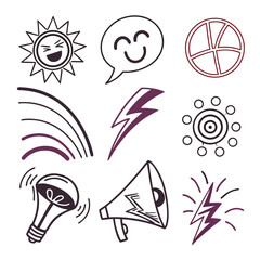 Collection of hand drawn icons and symbols representing ideas and communication