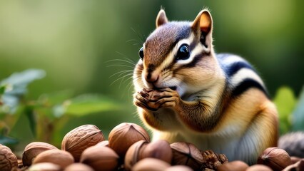 Obraz premium Adorable striped chipmunk snacking on a pile of walnuts in a green forest.