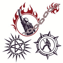Rebellion and strength symbols with chains and flames