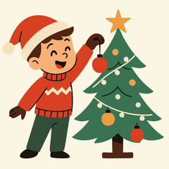Flat Design Kid Decorating Christmas Tree