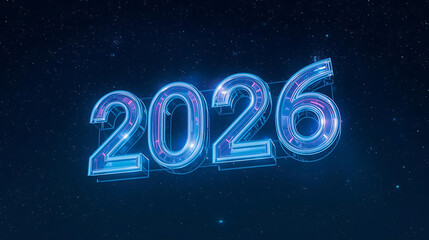 Futuristic Glowing Blue 2026 Text on Starry Night Sky