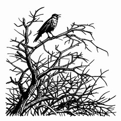 Black and white illustration of a bird singing on a bare tree branch