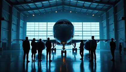 Silhouetted business professionals stand in well-lit hangar observing large airplane. People in professional attire discuss aircraft in modern aviation facility. Business team examines plane in
