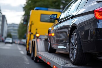 Close-up of a broken car loaded on a tow truck