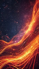a vibrant stream of glowing orange lines cascades across a dark, star-filled cosmic background.