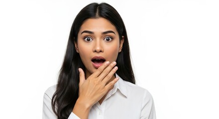 Brunette woman with wide eyes mouth open in surprise hand covering mouth White background wearing a buttondown shirt