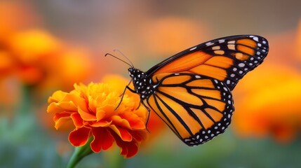 Fototapeta premium Colorful monarch butterfly perched on vibrant marigold flower in a sunny garden setting