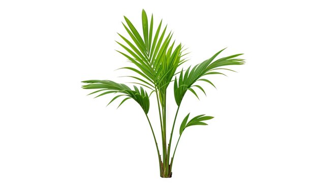 A bright green areca palm plant with multiple stems and slender featherlike leaves against a white background