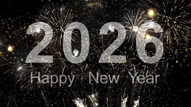 2026 New year's eve fireworks celebration loop of real fireworks background. abstract golden shining glowing fireworks show. Real Fireworks display, New Year. national holiday, new year party or event