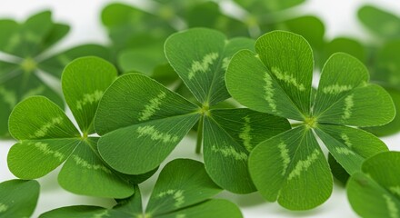 A closeup shows several bright green fourleaf clover plants against a stark white background