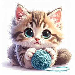 Adorable kitten with yarn ball, child illustration, generated AI