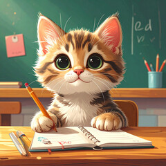 Adorable kitten sitting at school desk with notebook, colorful classroom scene, children’s illustration style, generated AI