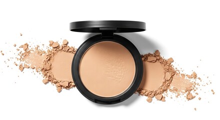 A compact of beige face powder rests among loose powder of the same color