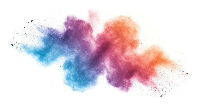 A cloud of blue purple and orange dust or powder on a white background