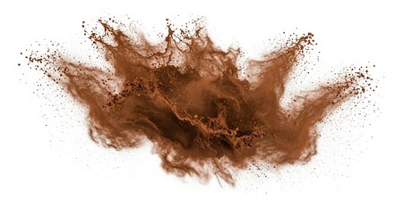 A dynamic brown powder explosion displaying a cloudlike burst with scattered particles against a white backdrop