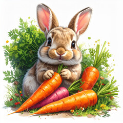 Happy bunny holding carrots in a green meadow, smiling face, child friendly illustration, generated AI