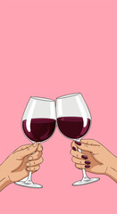 Festive illustration capturing two hands holding elegant wine glasses in a celebratory clink, symbolizing joy, special occasions, and connection on a vibrant pink backdrop