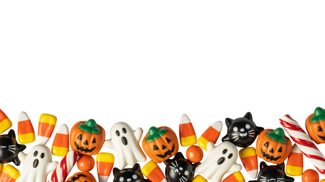 Festive Halloween candy border with pumpkins, ghosts, and cats