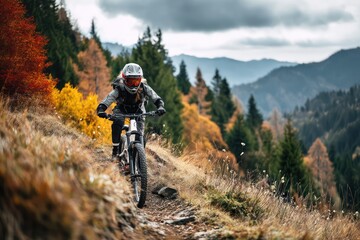 Fototapeta premium Professional Cyclist Riding Enduro Trail in Autumn Mountains