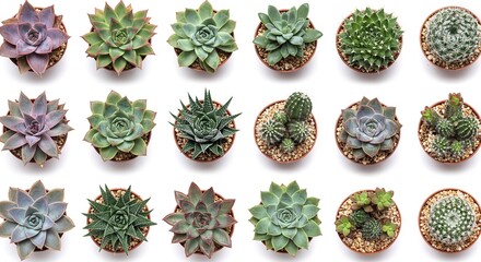 A grid of fifteen potted succulent and cactus plants arranged in three rows on a white background