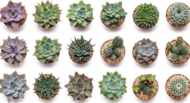A grid of fifteen potted succulent and cactus plants arranged in three rows on a white background - Powered by Adobe