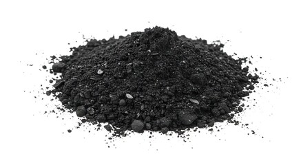 A heap of dark grey granular material resting on a white surface casting subtle shadows
