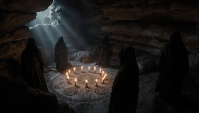 Mysterious hooded figures gather in a dark cave, forming a candlelit circle for a ritualistic ceremony, with ethereal light rays piercing through the cave opening.