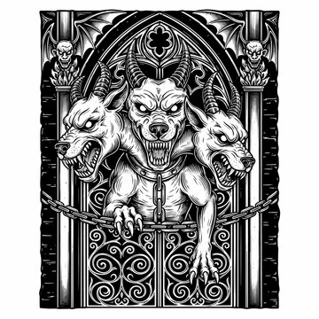 Fierce Three Headed Cerberus Monster Guarding Gothic Gate Black and White Illustration