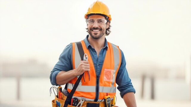 A smiling professional construction worker with a hard hat and tool belt. Portrait of a happy builder or electrician looking at the camera. Skilled labor and industrial job concept with copy space