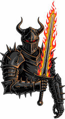 Fierce Black Knight in Spiked Armor Holding a Flaming Sword