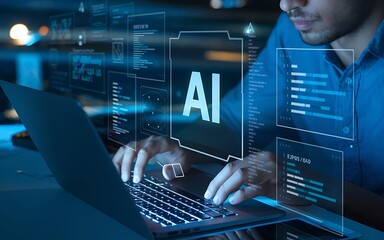 Naklejka na ściany i meble AI-powered web development and programming. A software developer coding with artificial intelligence support, ideal for content about machine learning, AI-assisted coding, next-gen tech solutions. Naklejka na ściany i meble AI-powered web development and programming. A software developer coding with artificial intelligence support, ideal for content about machine learning, AI-assisted coding, next-gen tech solutions.