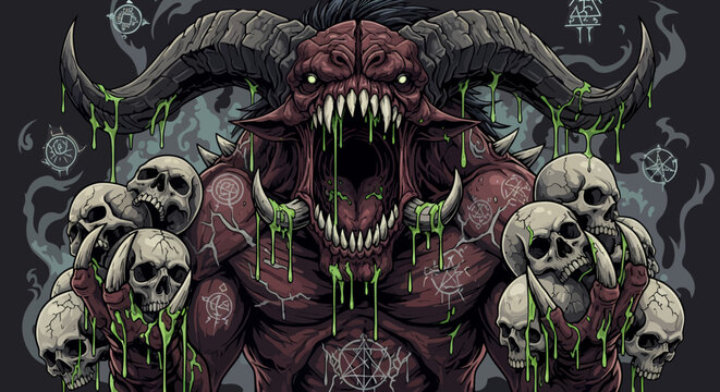 Fierce Demonic Monster with Horns and Dripping Slime Heavy Metal Album Art Style