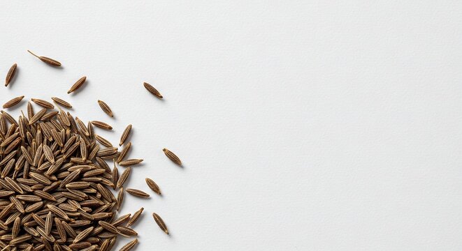 Cumin seeds are clustered on the lower left on a white surface with single seeds scattered away from the pile