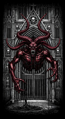 Demonic Guardian A Red Demon Emerges from Gothic Gates