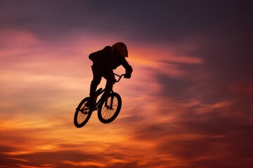 Fototapeta premium Silhouette of Man Doing BMX Jump Against Sunset Sky