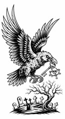 Raven Delivering a Skull Key over a Graveyard Vector Illustration