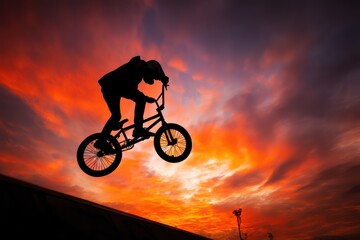 Fototapeta premium Silhouette of Man Doing BMX Jump Against Sunset Sky