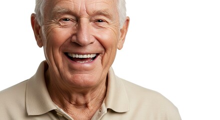 Elderly man smiling broadly revealing teeth wearing a tan polo shirt