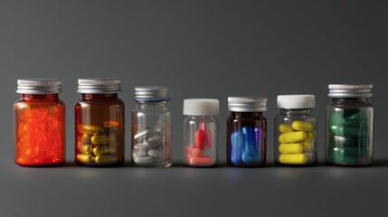 Colorful pills jars styled artistic minimal modern composition design arrangement health inspiration pharmacy presentation