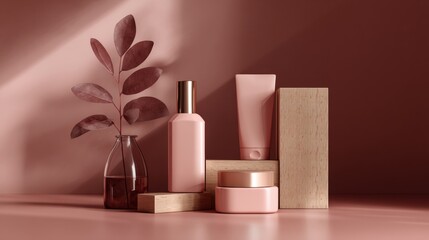 Cosmetic bottles plant styled artistic minimal modern composition design arrangement beauty inspiration skincare presentation