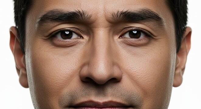 Extreme closeup of a mans face eyebrows slightly furrowed eyes gazing forward neutral skin tone