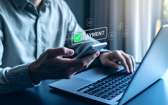 Man using smartphone for secure online payment with digital interface and world map overlay, representing fintech, global e-commerce, mobile banking, money transfer, and financial technology.